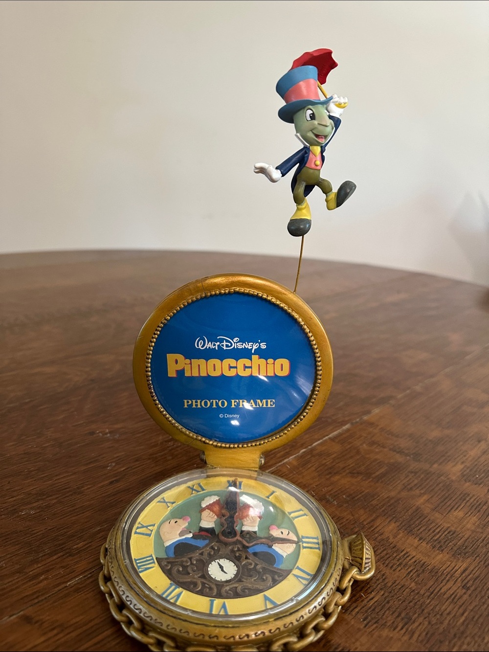 Rare Disney Gold and Blue Pinocchio Photo Frame with Jiminy Cricket